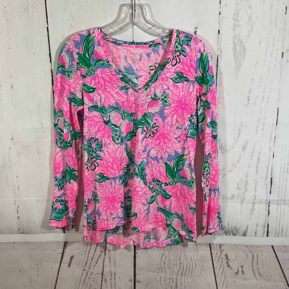 Lilly Pulitzer Etta Top XXS Pink Blossom V-Neck Long Sleeve Slub Cotton Resort